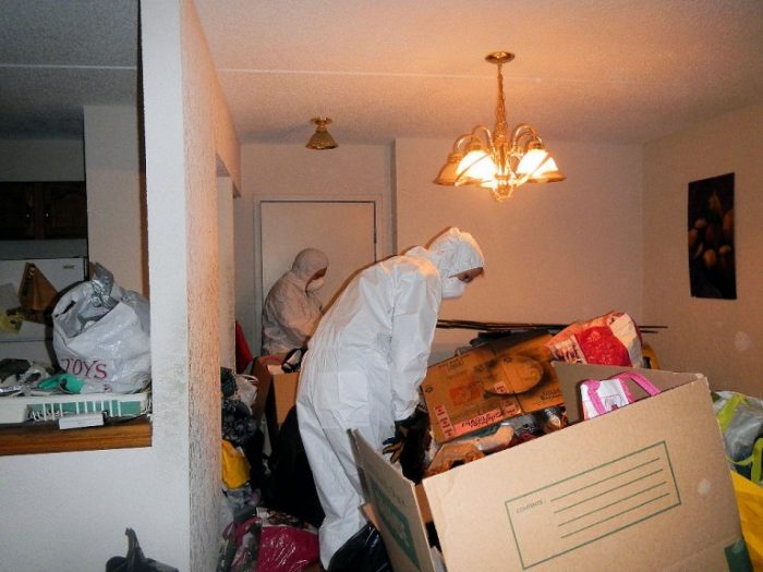 Mayken workers sorting through trash at hoarders property