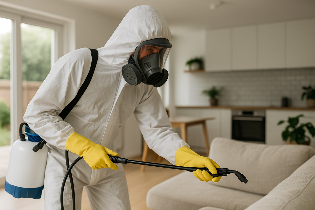 Hazmat technician in full protective gear disinfecting a sofa in a bright modern home.