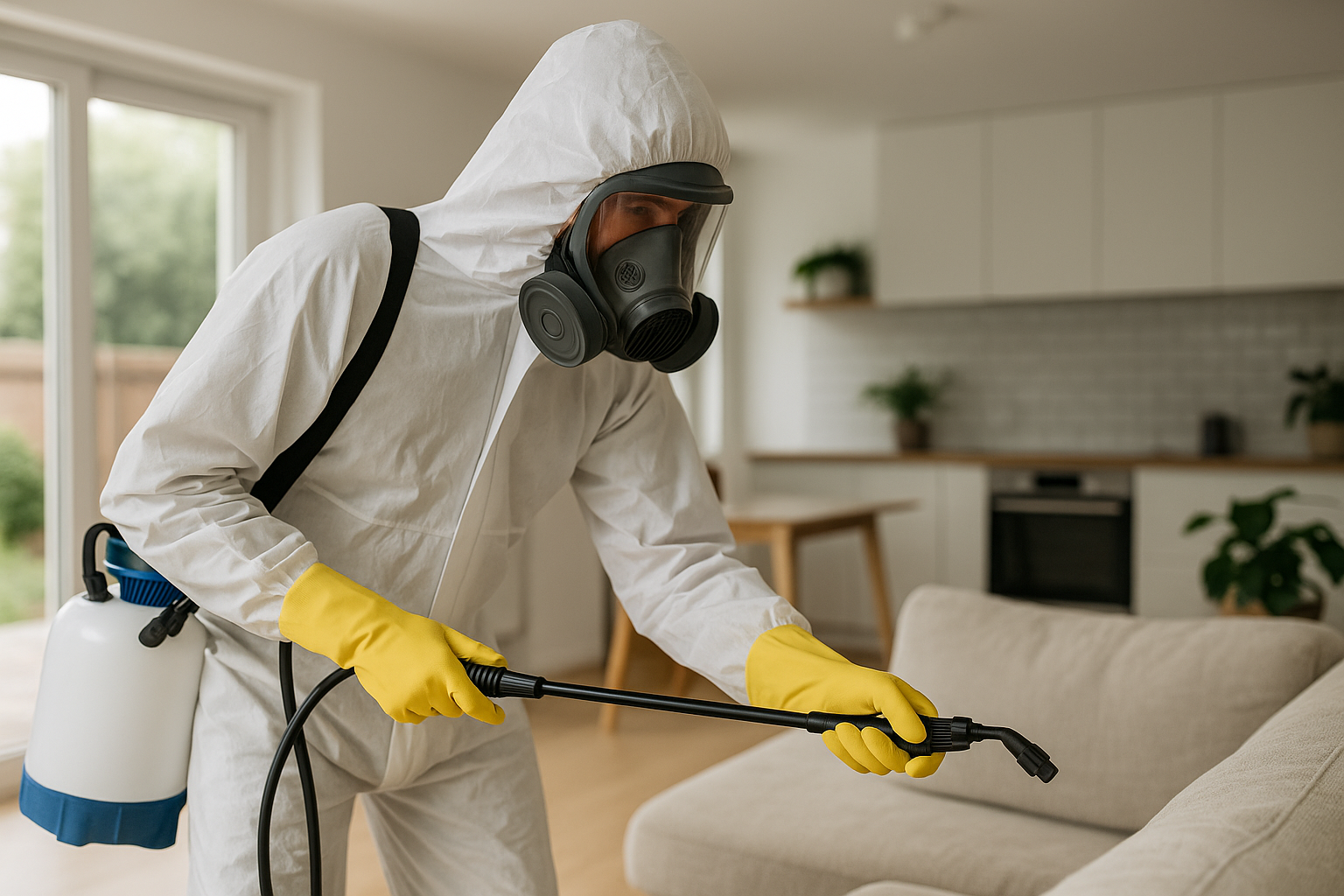 Hazmat technician in full protective gear disinfecting a sofa in a bright modern home.