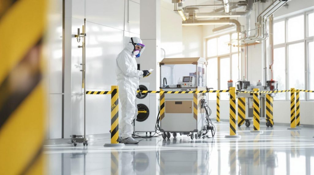 Certified biohazard technician wearing PPE and respirator inside a contained cleanup zone.
