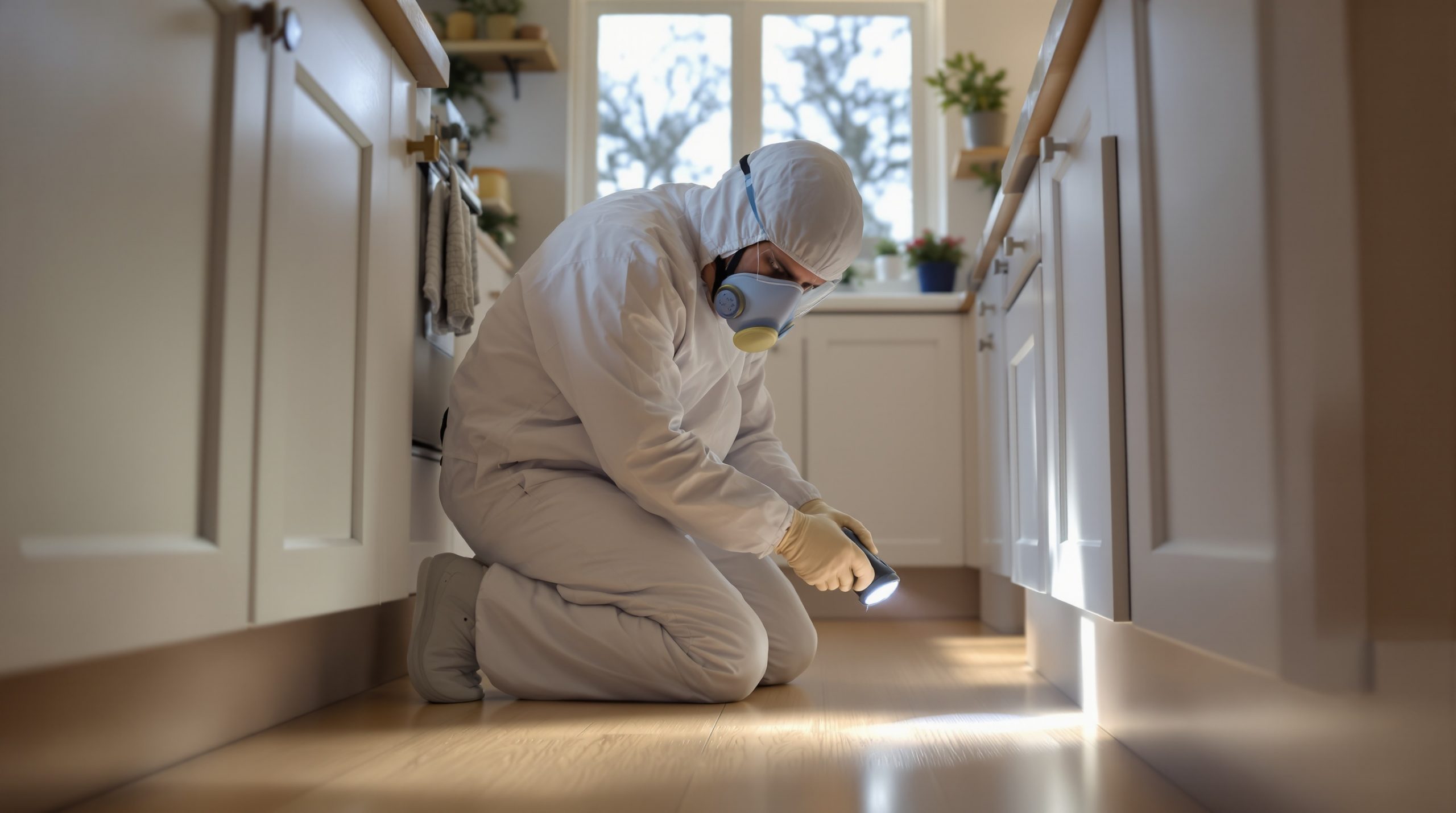 Certified hazmat technician inspecting a kitchen baseboard for winter rodent contamination during a safe indoor inspection.
