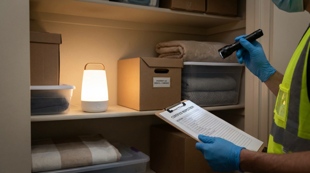 Certified technician documenting a winter contamination inspection inside a rental property storage area.