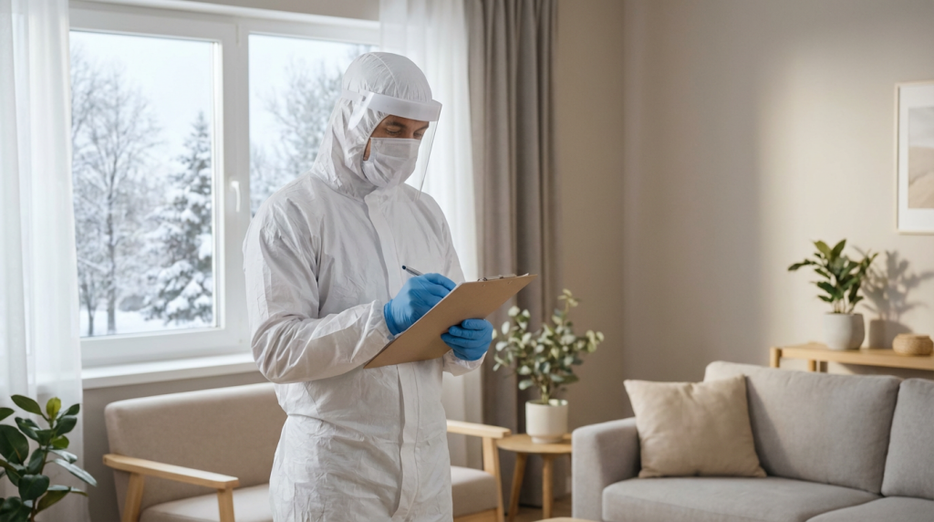 Hazmat technician in protective suit reviewing clipboard in clean, sunlit residential interior during winter