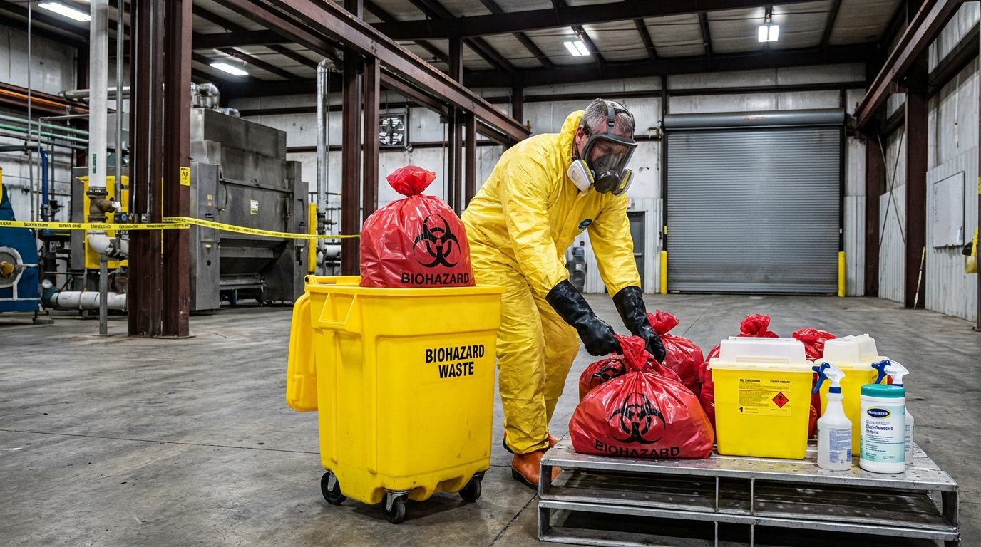 Hazmat technician in protective gear handling sealed biohazard waste containers inside an industrial facility.