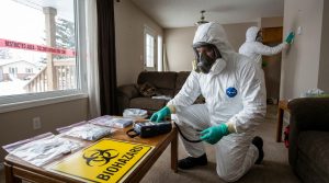 Professional biohazard remediation technician in full white hazmat suit, respirator, and protective gear conducting contamination testing inside Calgary residential property with yellow caution tape and detection equipment visible
