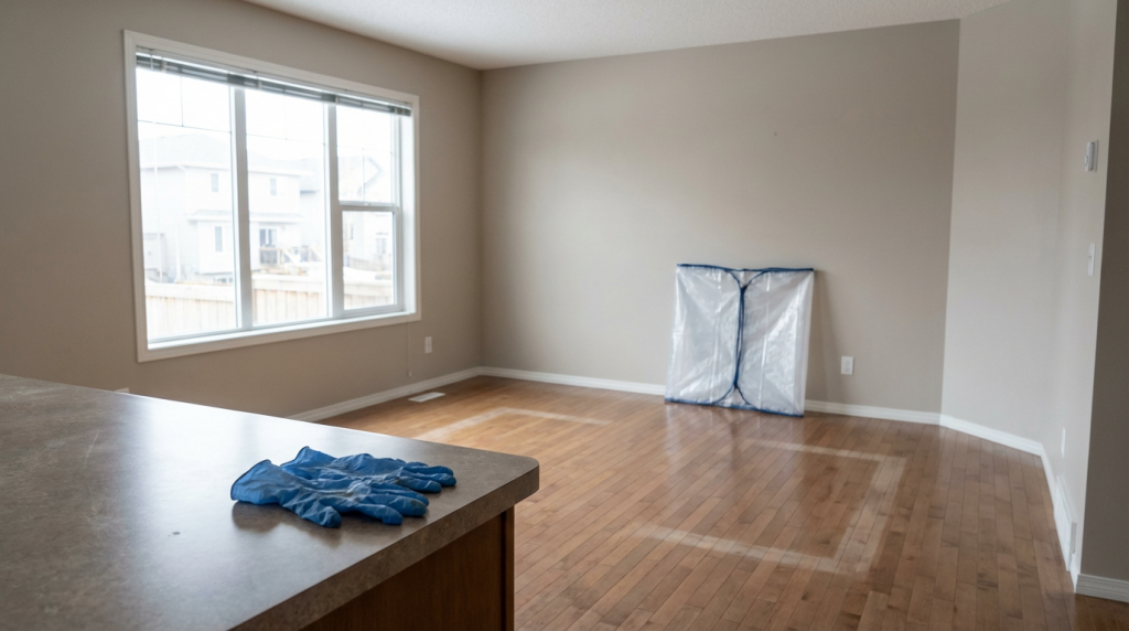 Empty residential room with hardwood floors and natural window light showing subtle signs of recent professional cleanup including furniture marks, folded plastic barrier, and disposable gloves on counter
